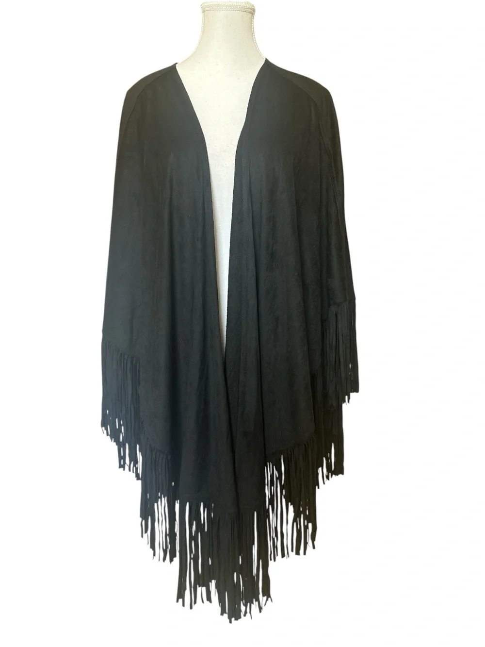 Black Faux Suede Fringe Trimmed Ruana Wrap One Size NWT